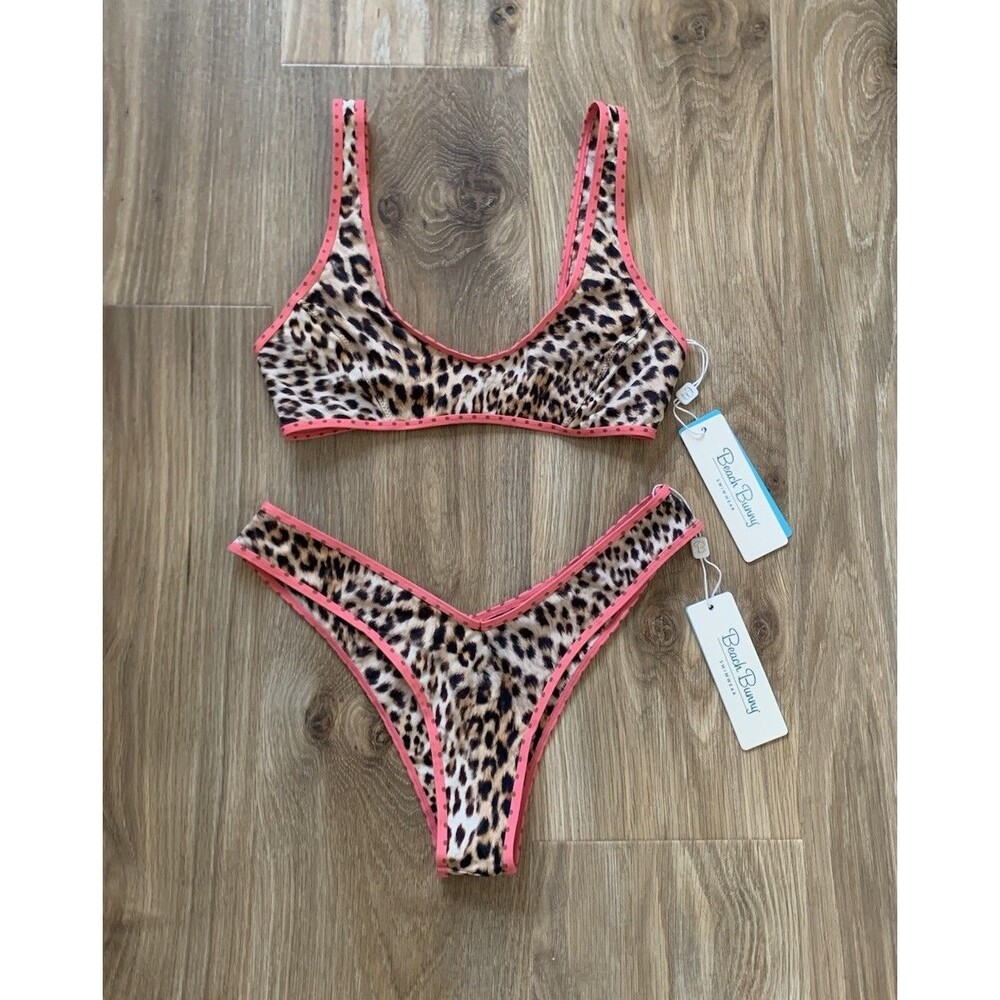 Beach Bunny Sz L Hali Bralette Top & Skimpy Leopard Pink Bottom Bikini Set 2 Pc